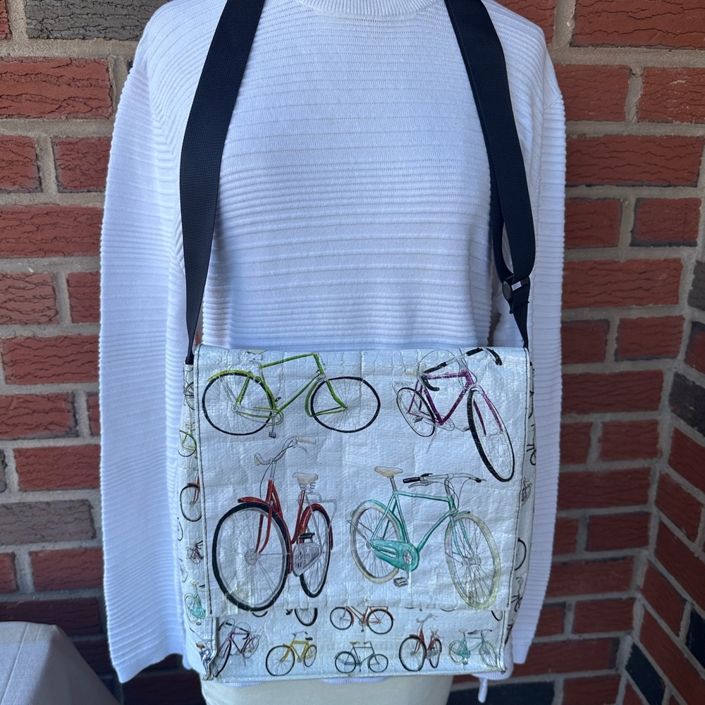 “Bicycle” Bicycle Flap Over Cross Body Bag -  12” x 11” x 3” -  Recycled Fabric